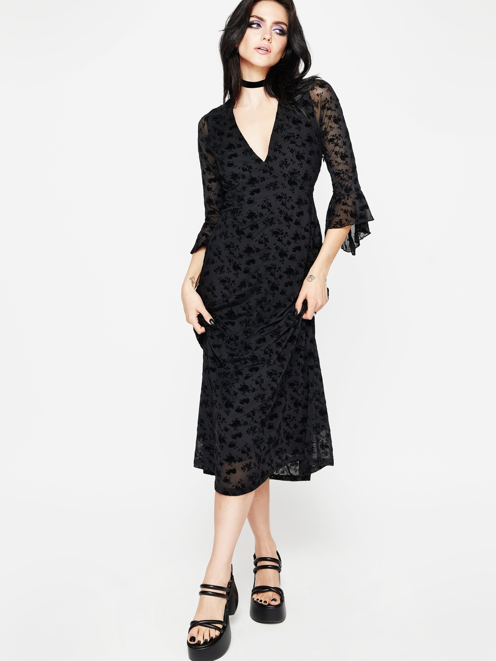 Disturbia Black Floral V-Neck Midi with Sheer Sleeves
